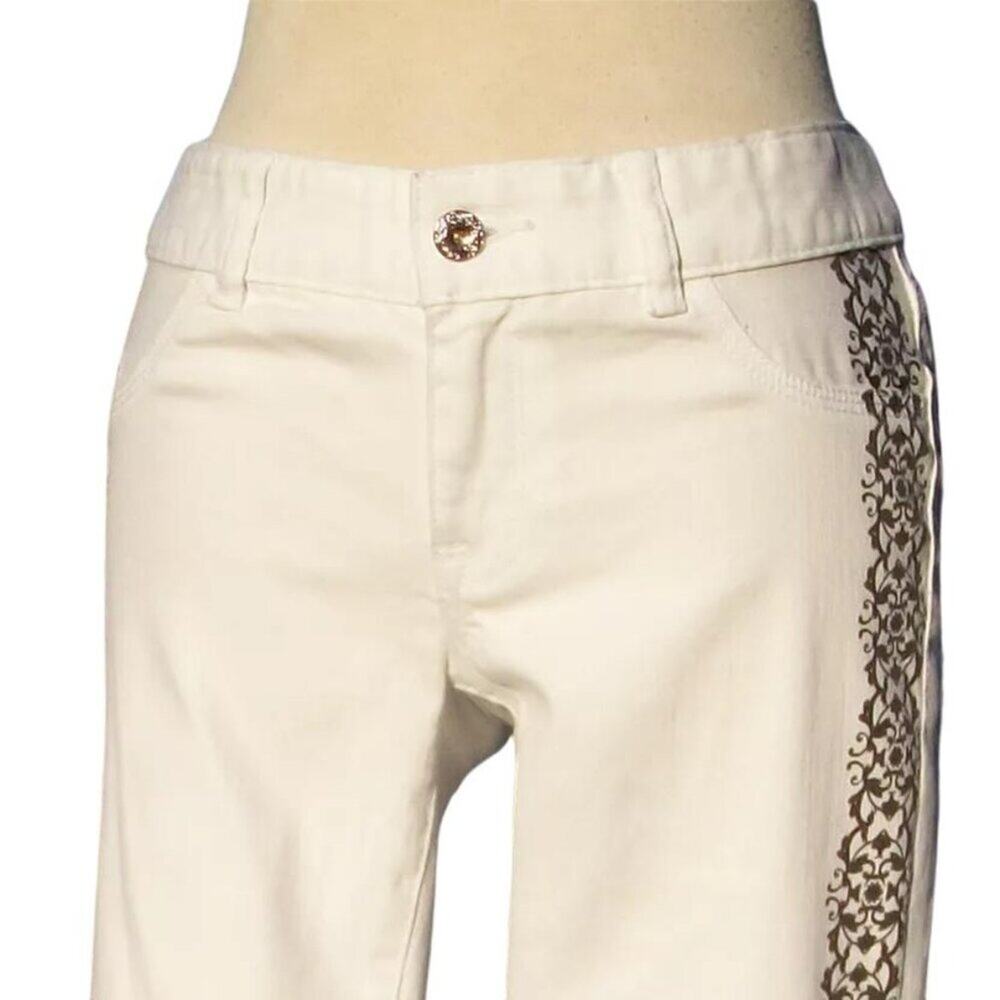 Cache White Rhinestone Stud Embellished Jean Pant Stretch Blk Scroll New NWT $98